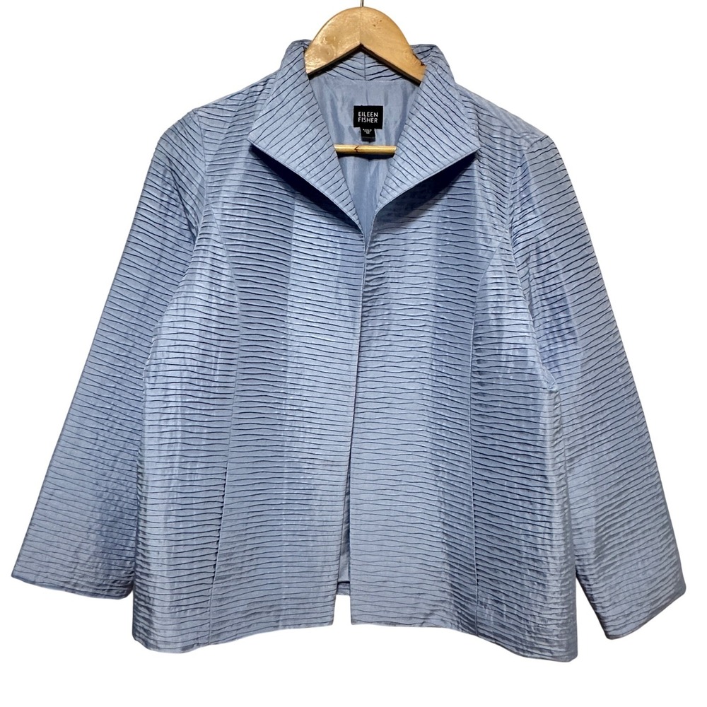 Eileen Fisher 100% Silk Pleated Textured Open Front Jacket Womens Medium Blue